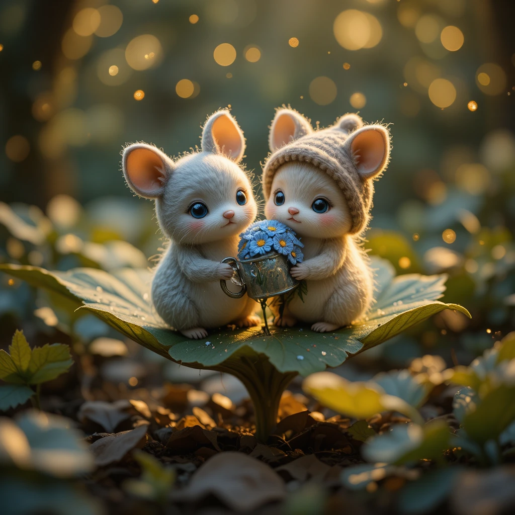 Tiny felt creatures on a leaf in sparkling forest light