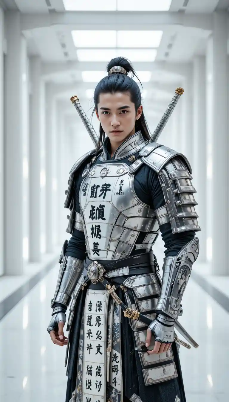 Futuristic cyber samurai in silver armor standing in a sleek hall