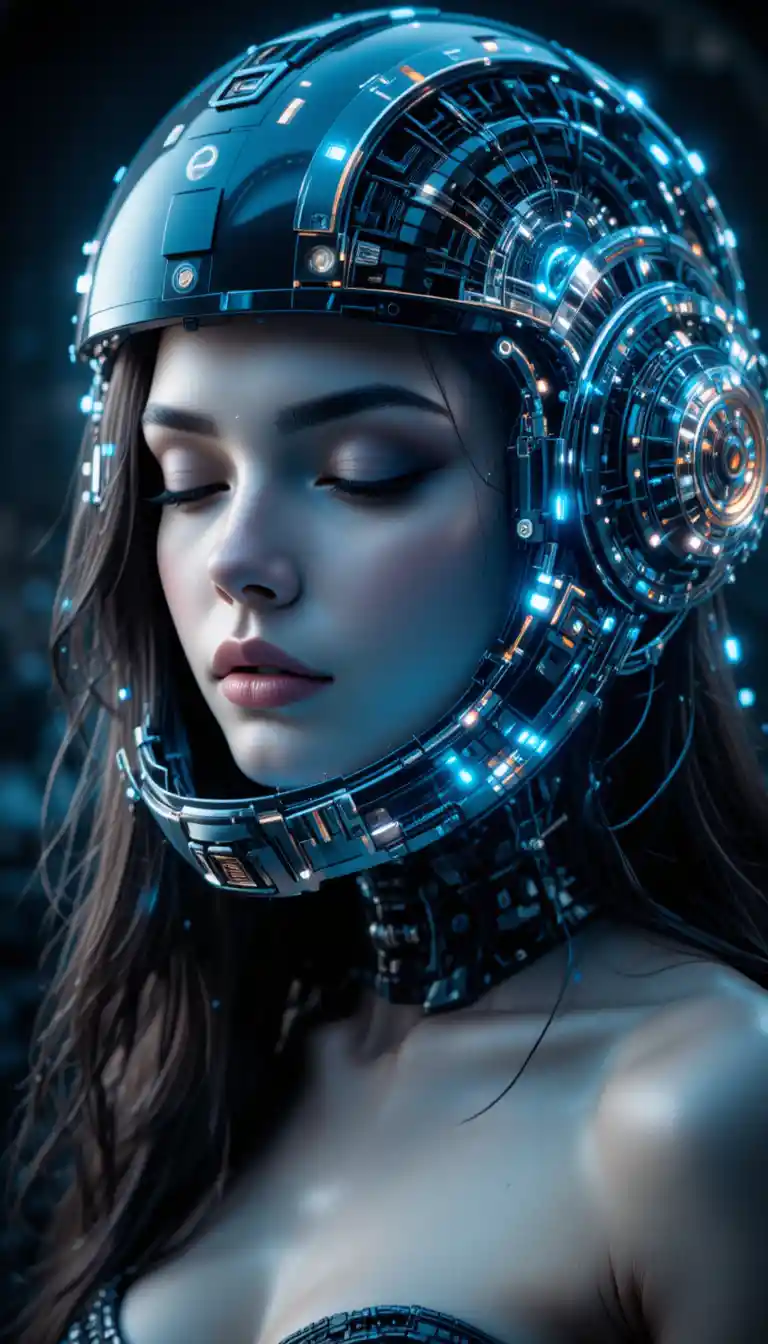 Donna con casco sci‑fi metallico e circuiti luminosi
