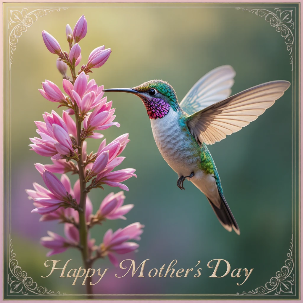 Colibrì che si nutre da fiori rosa e viola in una cornice