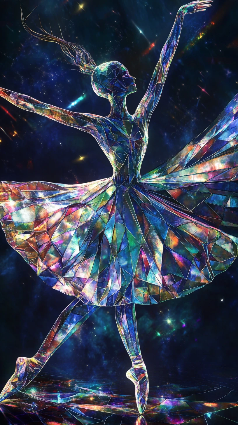 Surreal ballerina spinning in a cosmic stained glass gown