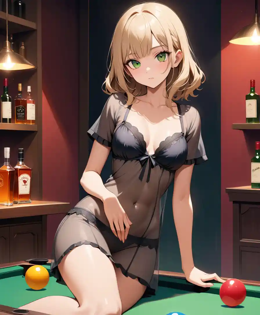 Donna bionda in lingerie nera trasparente accanto a un tavolo da biliardo in un bar