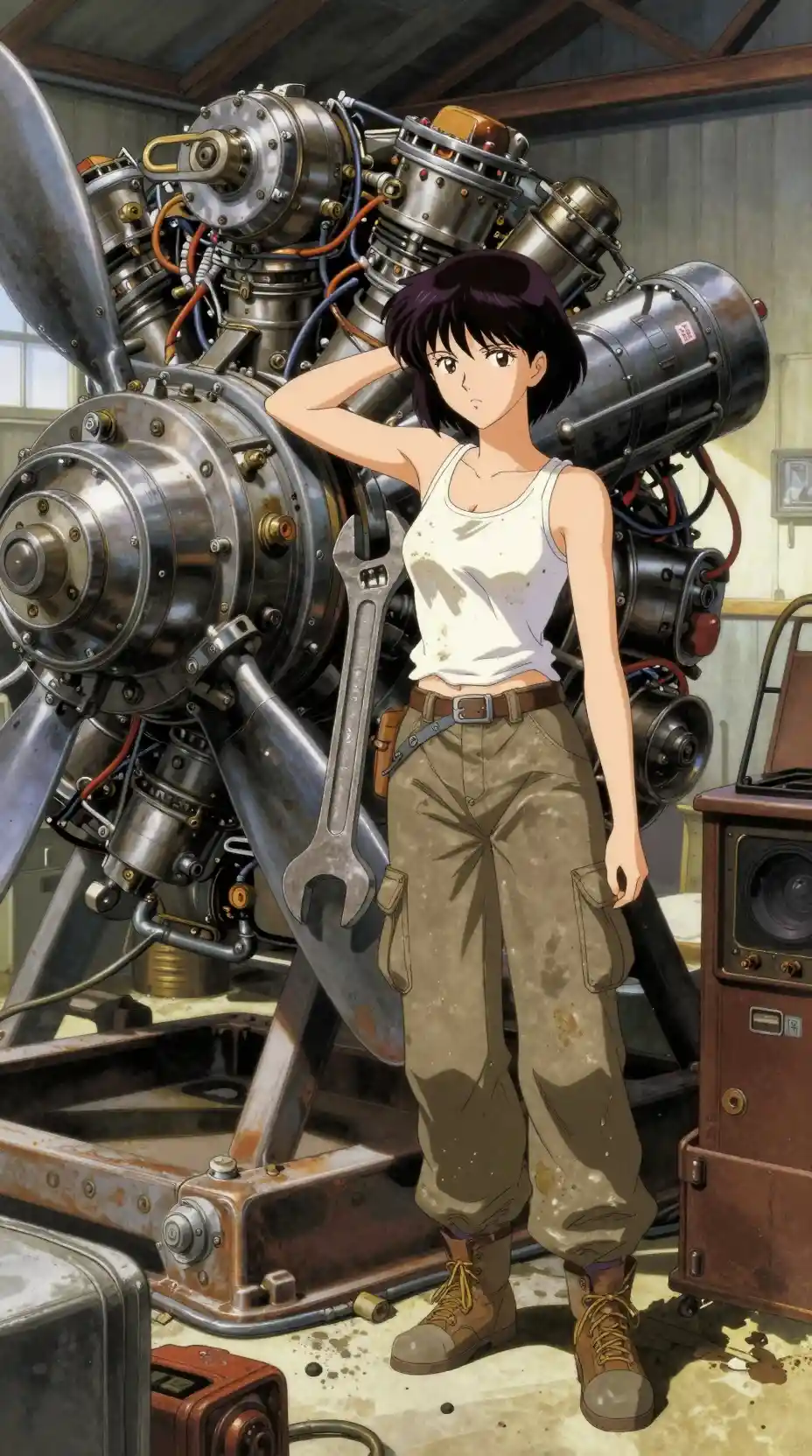 Grease stained anime girl with wrench in sunlit hangar