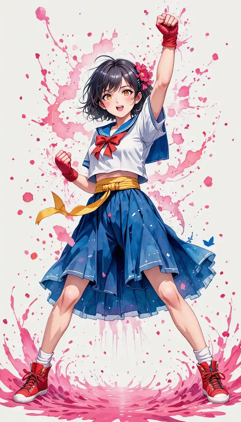 Energetic schoolgirl uppercut pose in watercolor illustration