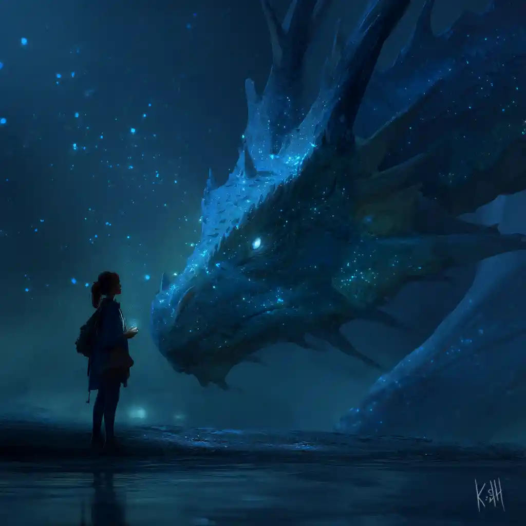 Lonely red haired figure facing a vast ethereal dragon