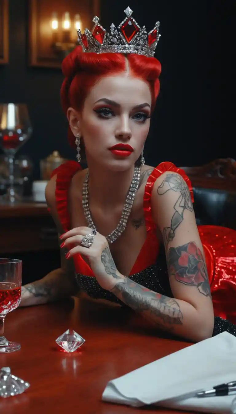 Femme tatouée glamour en pose de soubrette avec éclats néon