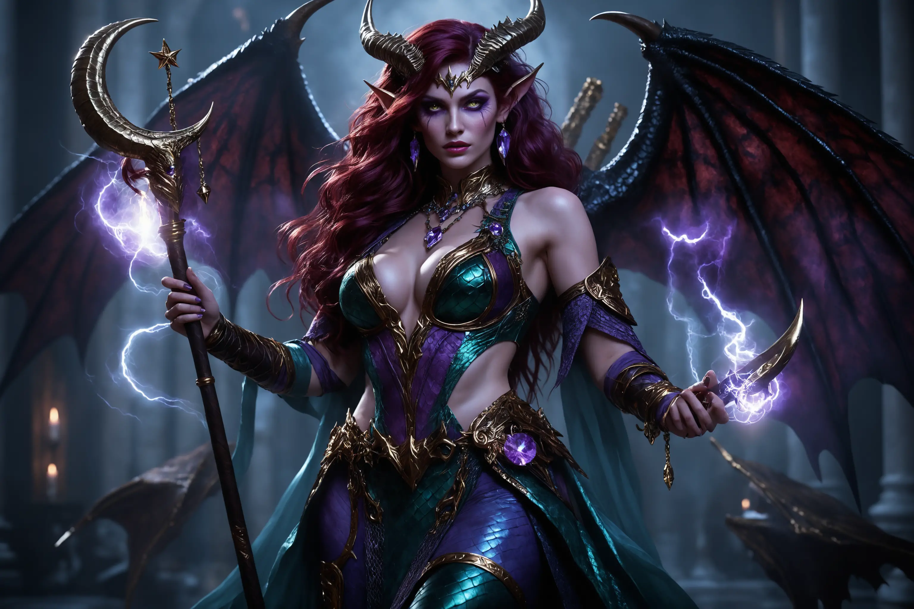Demon sorceress conjuring violet magic in grand dark library