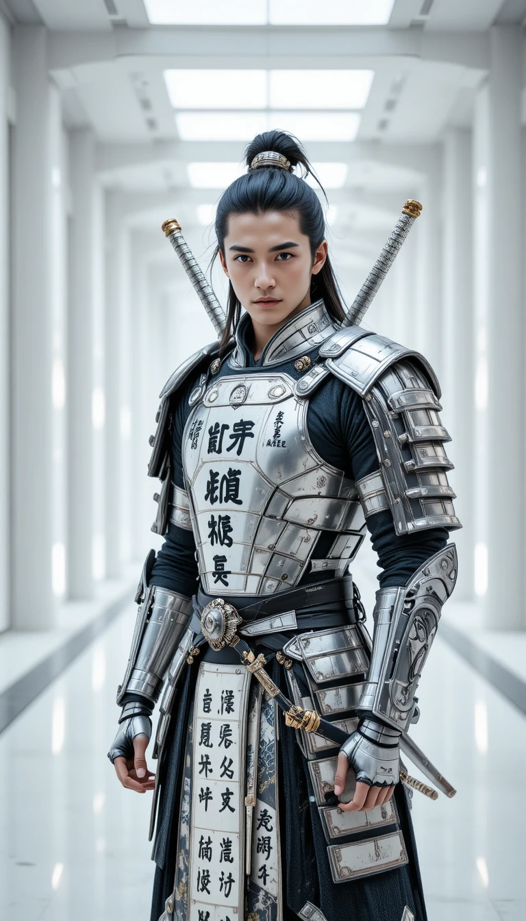 Futuristic cyber samurai in silver armor standing in a sleek hall