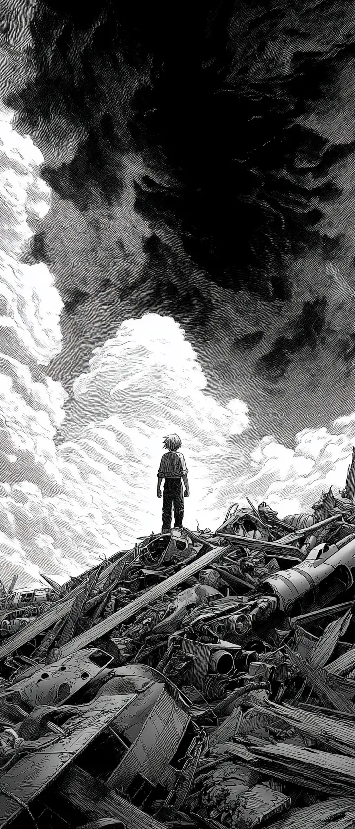 Lone survivor atop a mountain of war debris