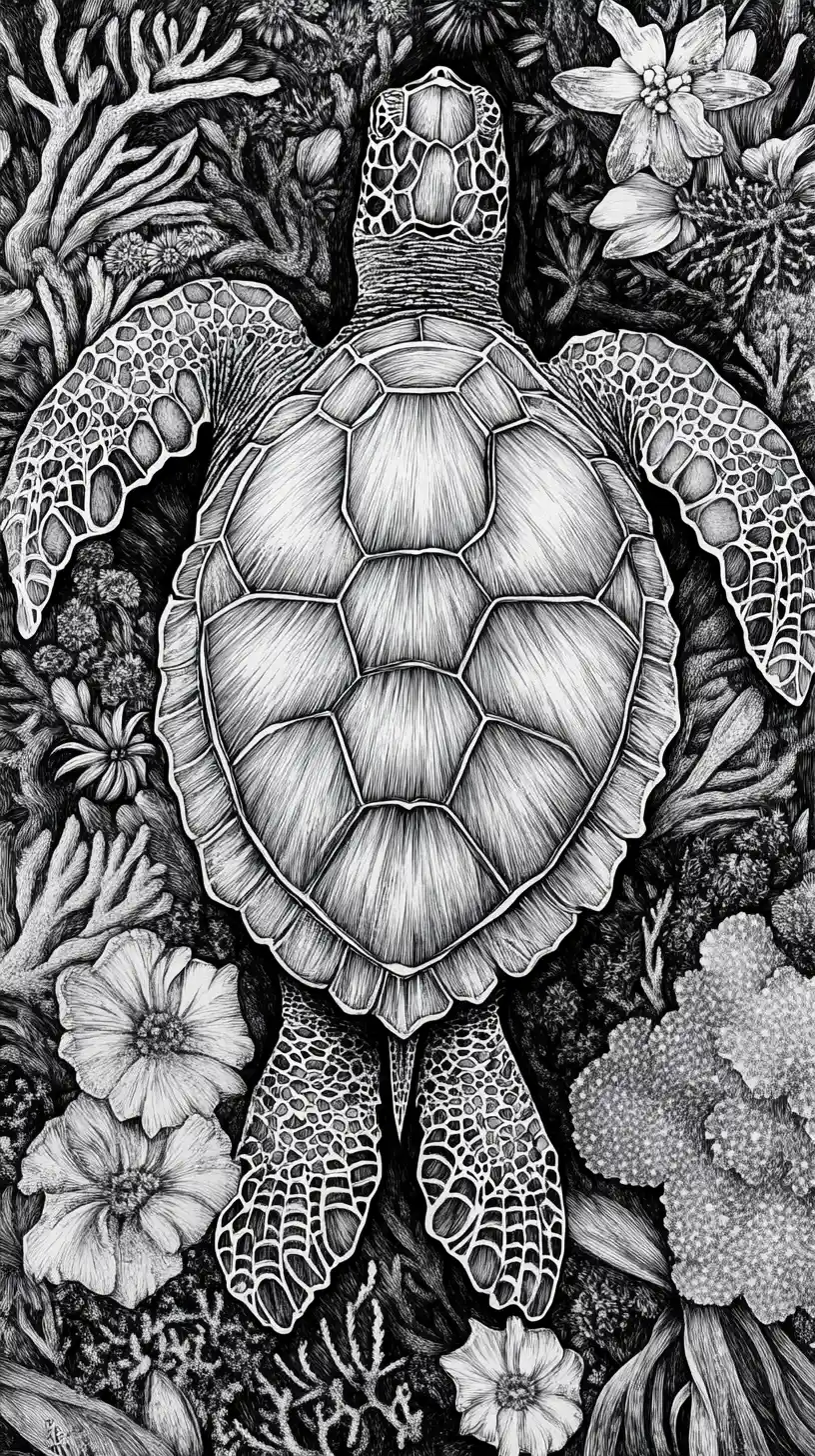 Monochrome engraving of a sea turtle with coral and birds