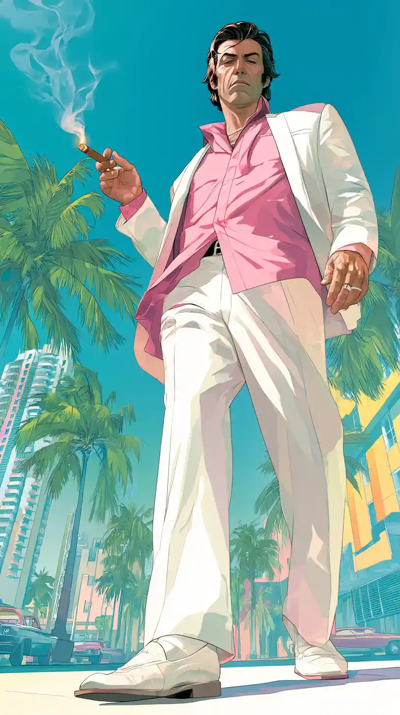 Stylized man in white suit in colorful Miami street