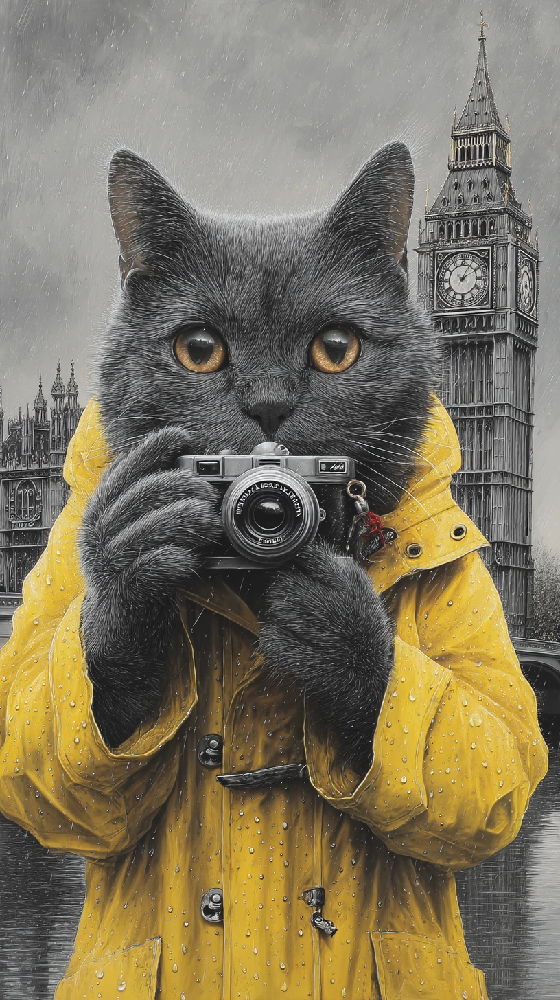 Gray cat taking a selfie before Big Ben in the rain