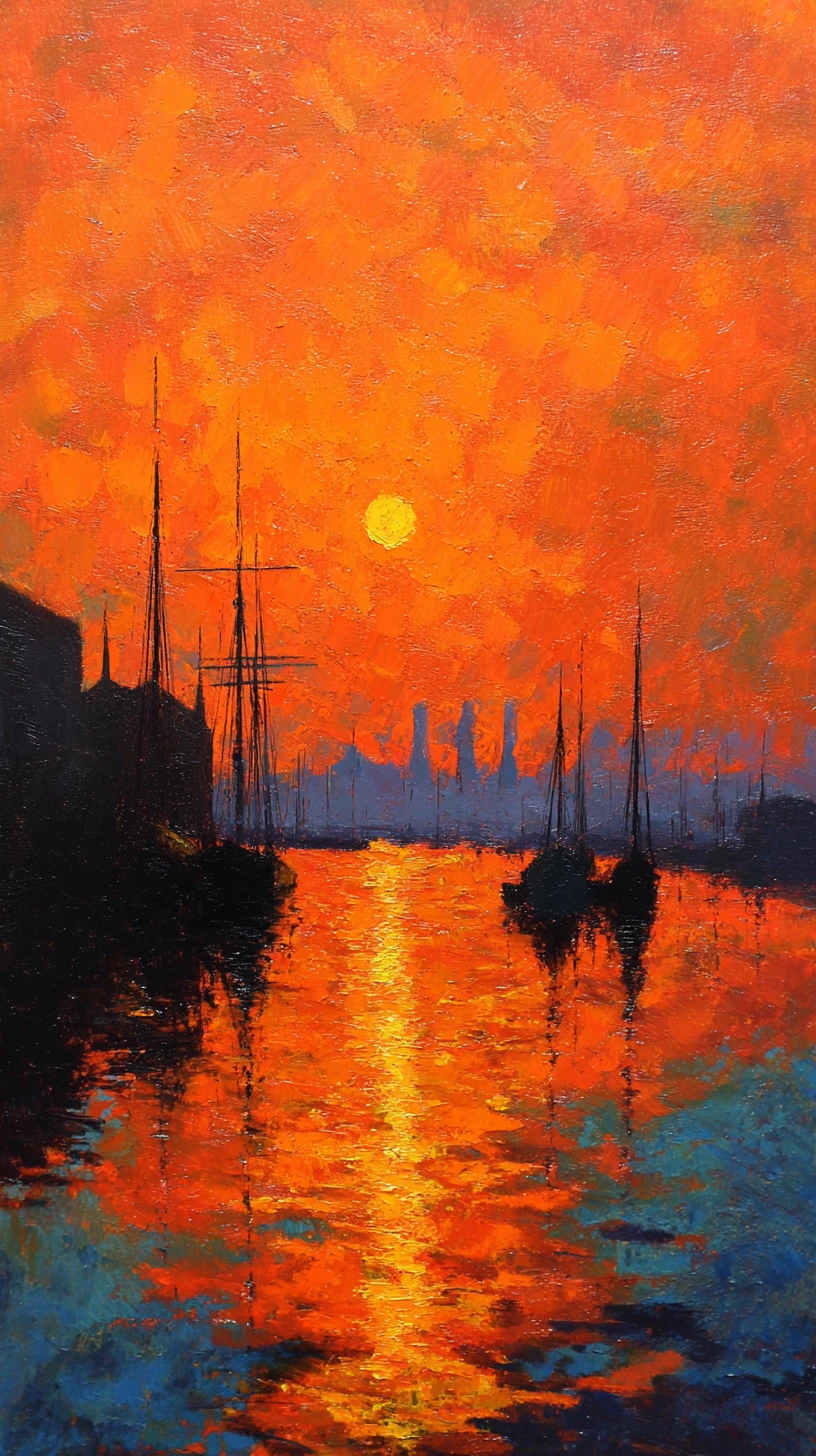 Alba impressionista su un porto tranquillo con barche in controluce