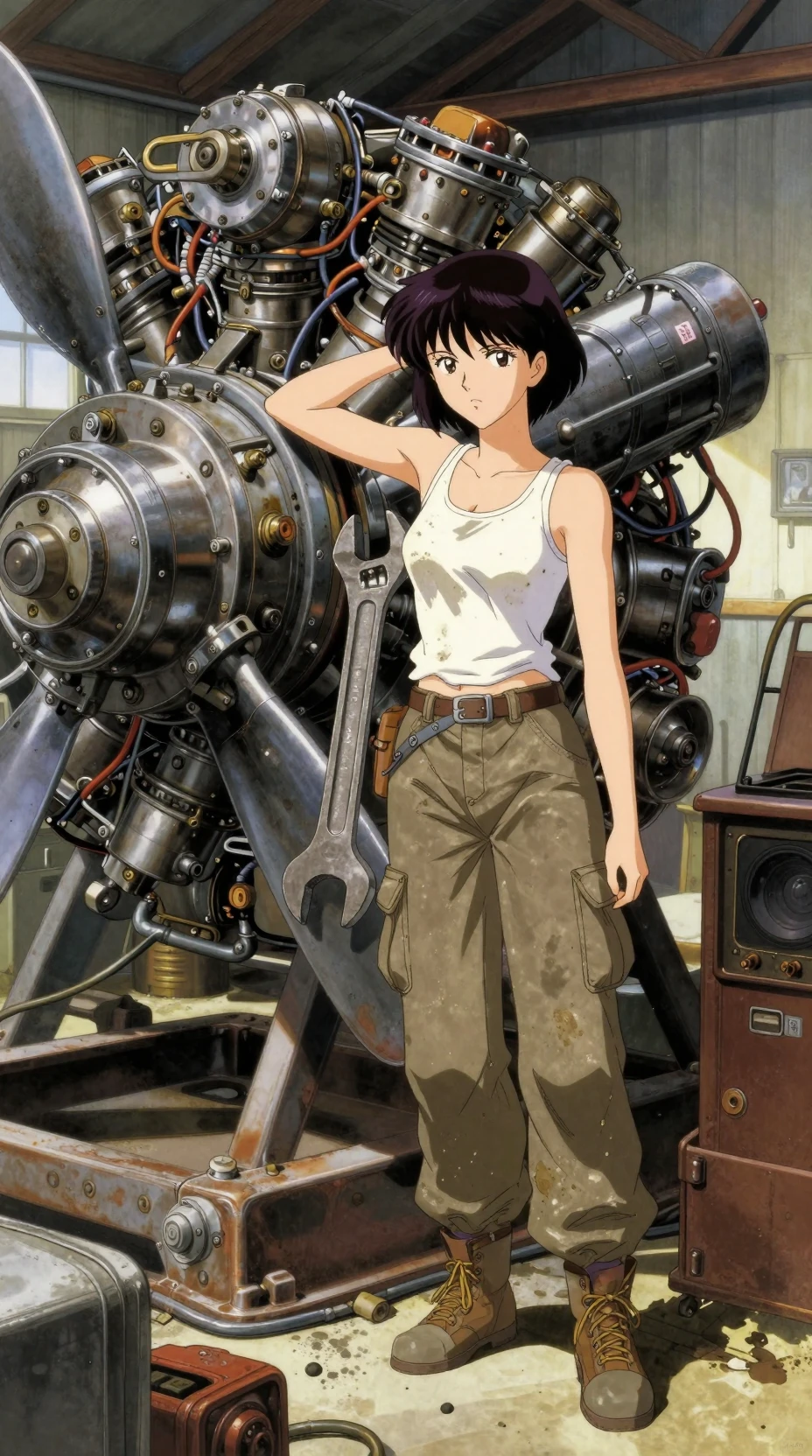 Grease stained anime girl with wrench in sunlit hangar