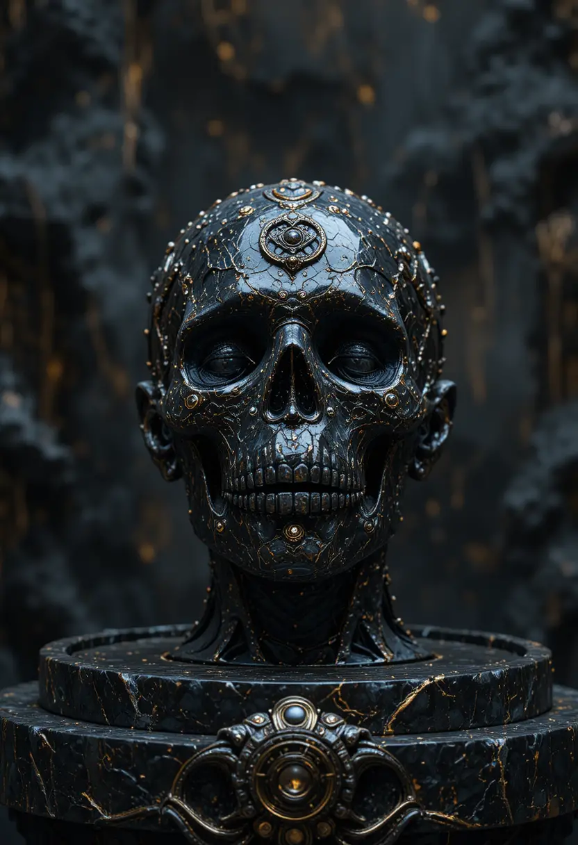Mystical earth like skull displayed on obsidian altar