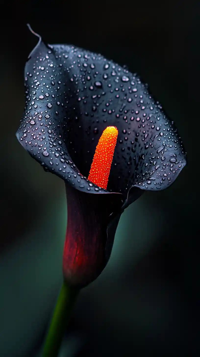 Macro di calla nera con gocce d’acqua e bocciolo