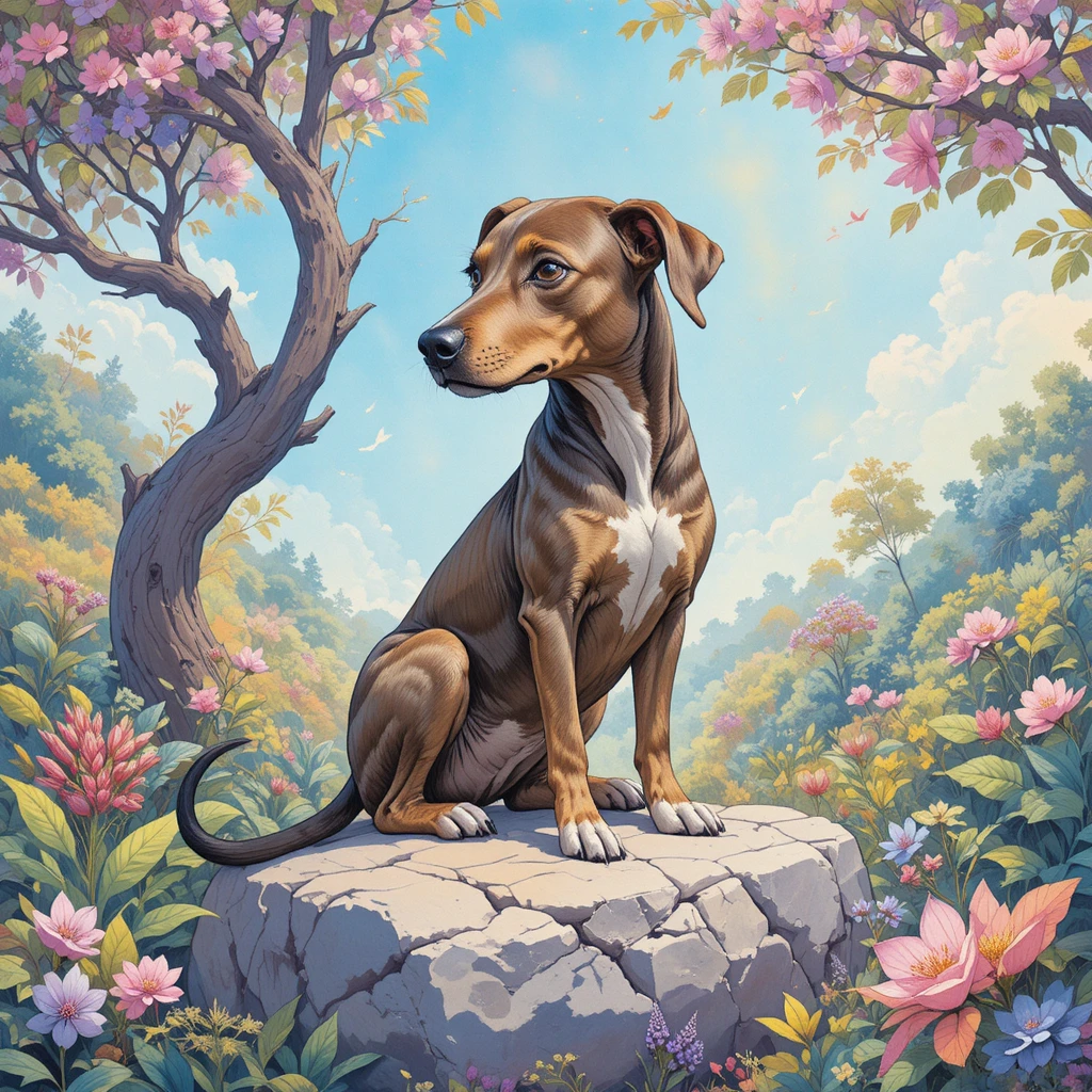 Brown dog on a rock in a pastel forest scene