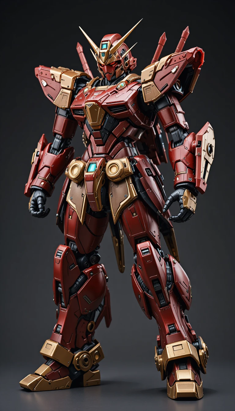 Tuta mecha futuristica rossa e dorata con armatura dettagliata