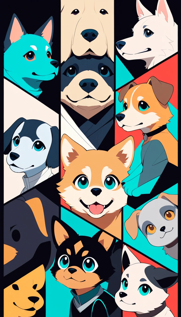 Minimalist geometric poster with abstract characters and dogs