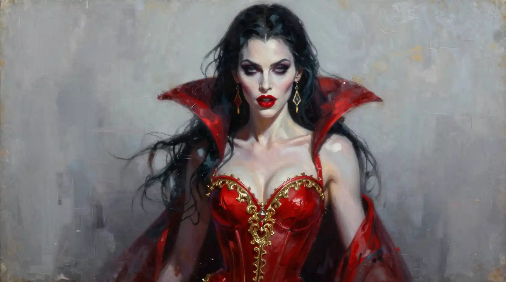 Vampire woman in scarlet corset against pale gray background