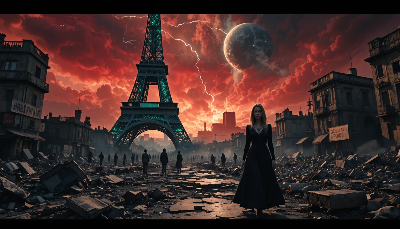 Gothic woman walking through ruined dystopian Paris streets