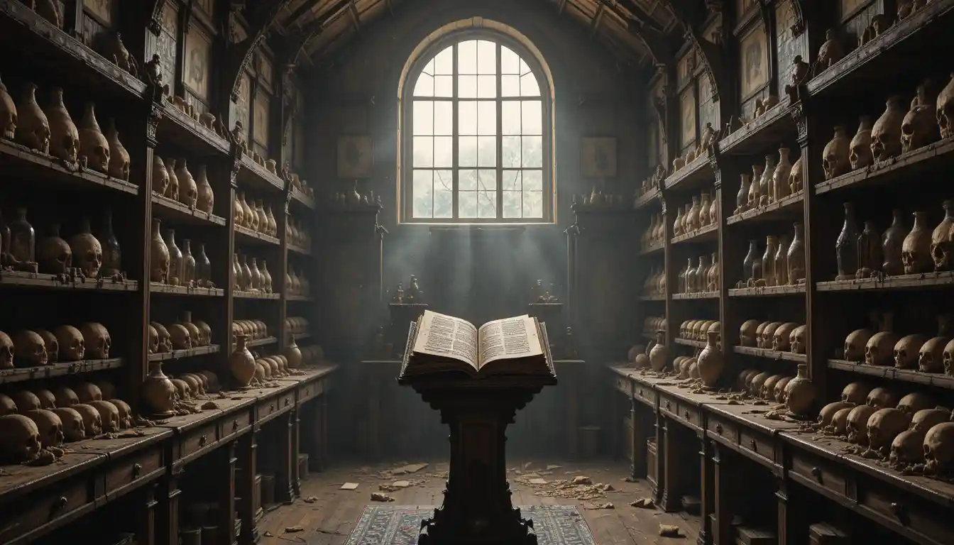 Symmetrical Alchemists Workshop With Ancient Book And Warm Light