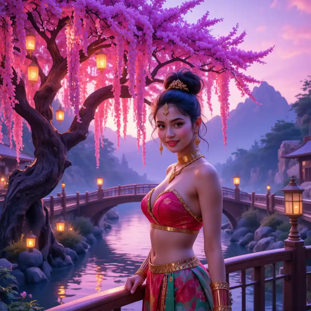 微笑的印度女孩站在發光花園中的奇幻橋上