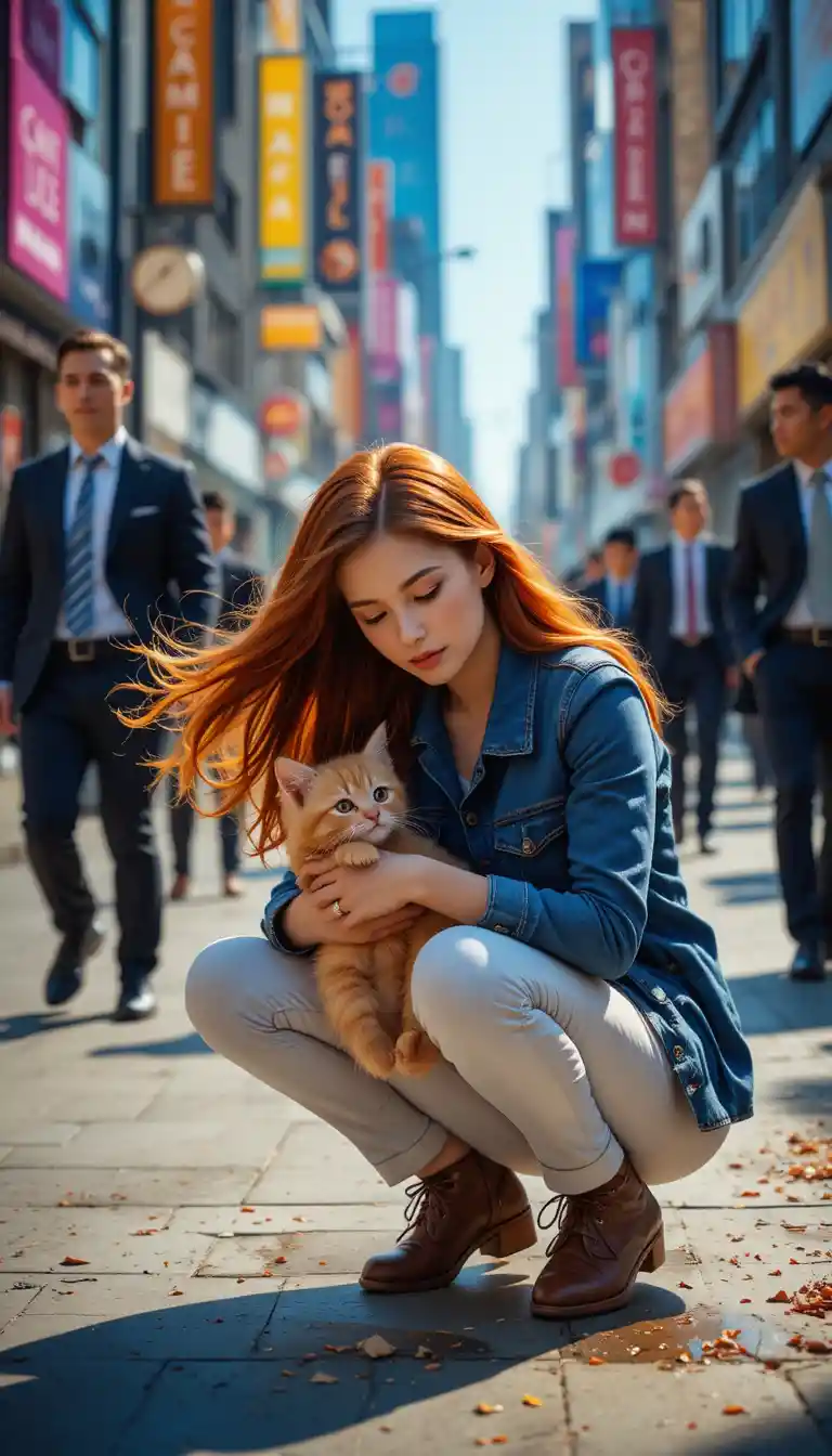 Giovane donna che consola un gattino rosso sul marciapiede di città