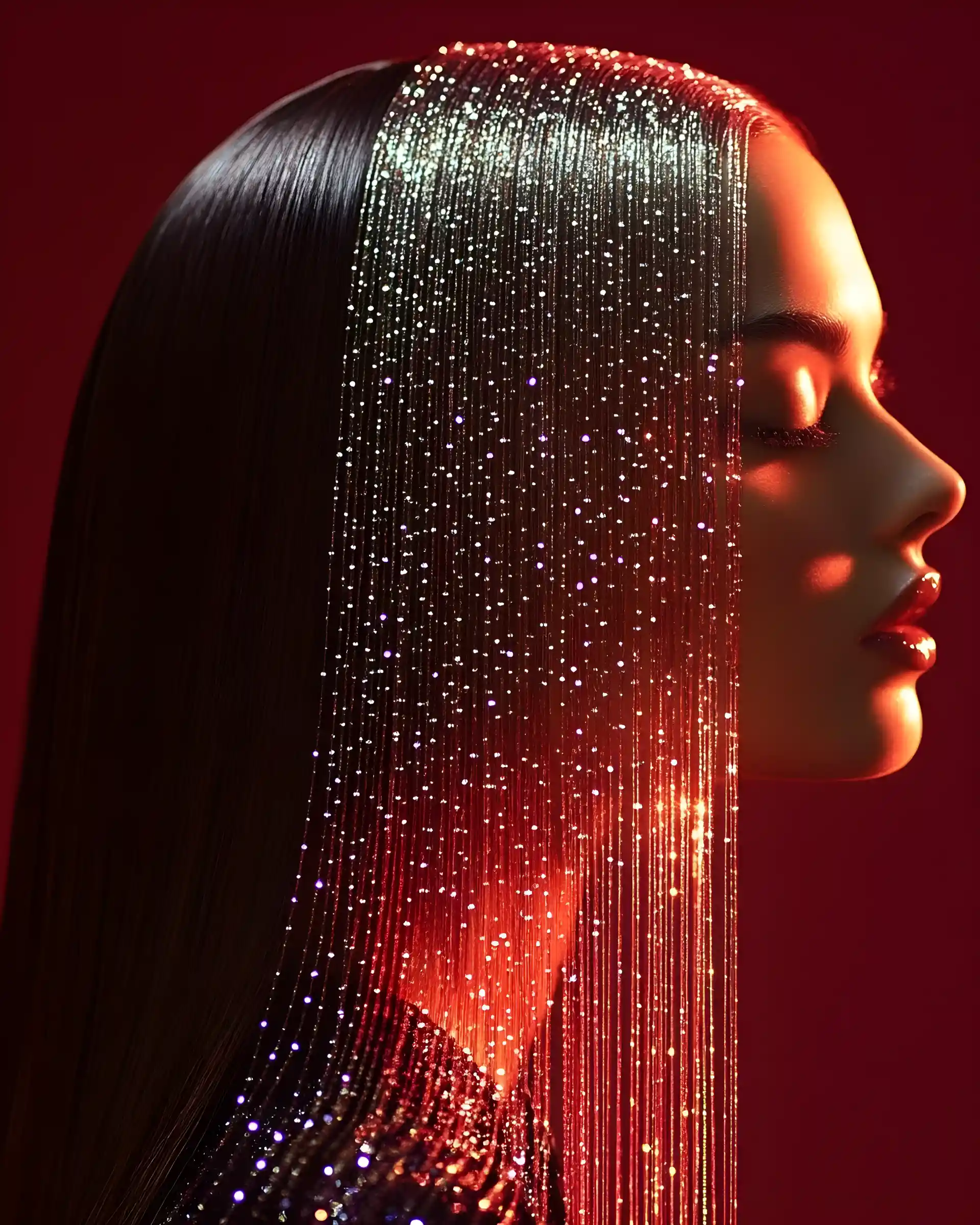 Red haired model with diamond hair accessory design