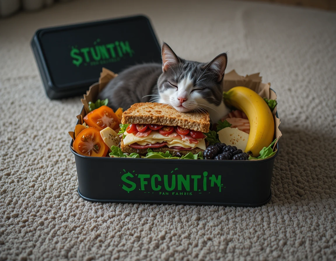 Colorful metal bento box with sandwich and fresh fruit