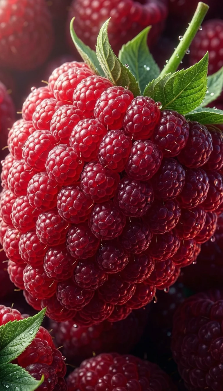 Primer plano vibrante de una frambuesa luminosa hecha de frambuesas más pequeñas