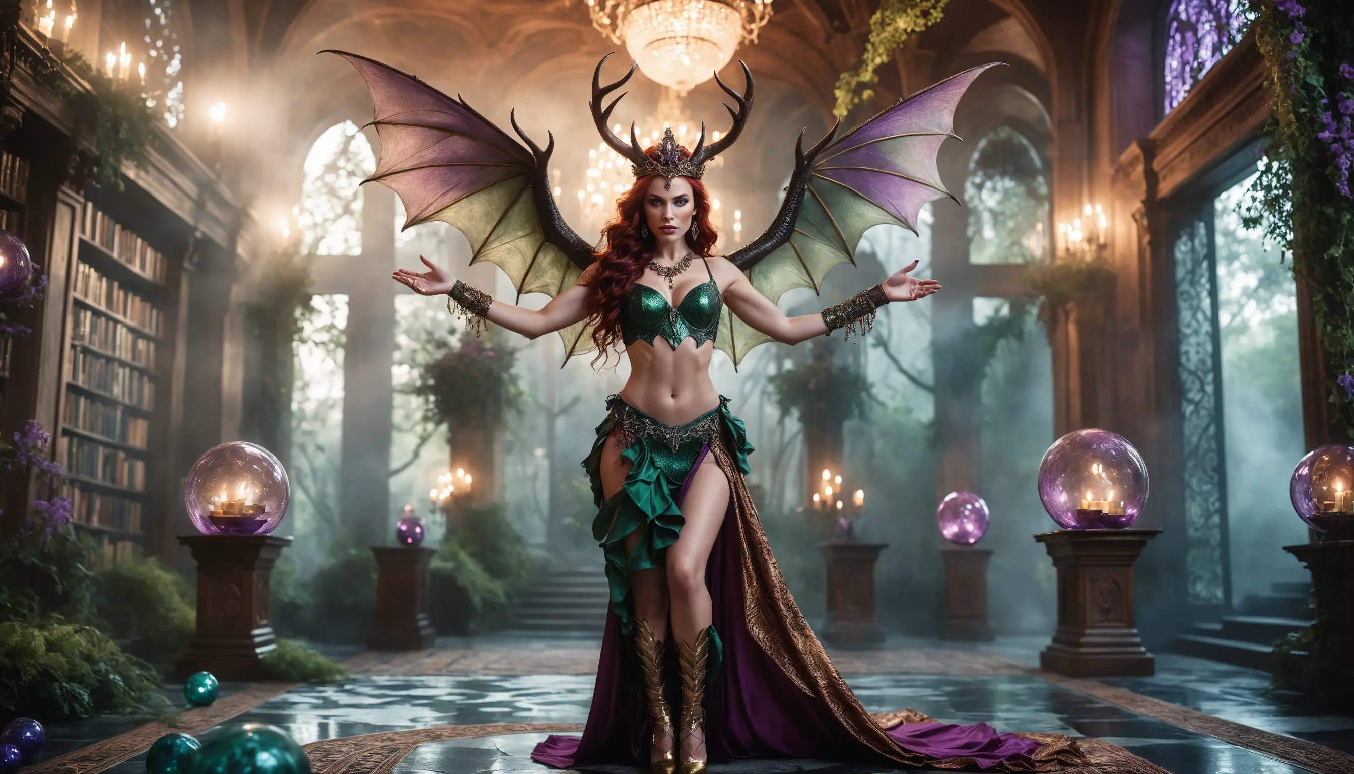 Demon sorceress casting violet magic in a grand library