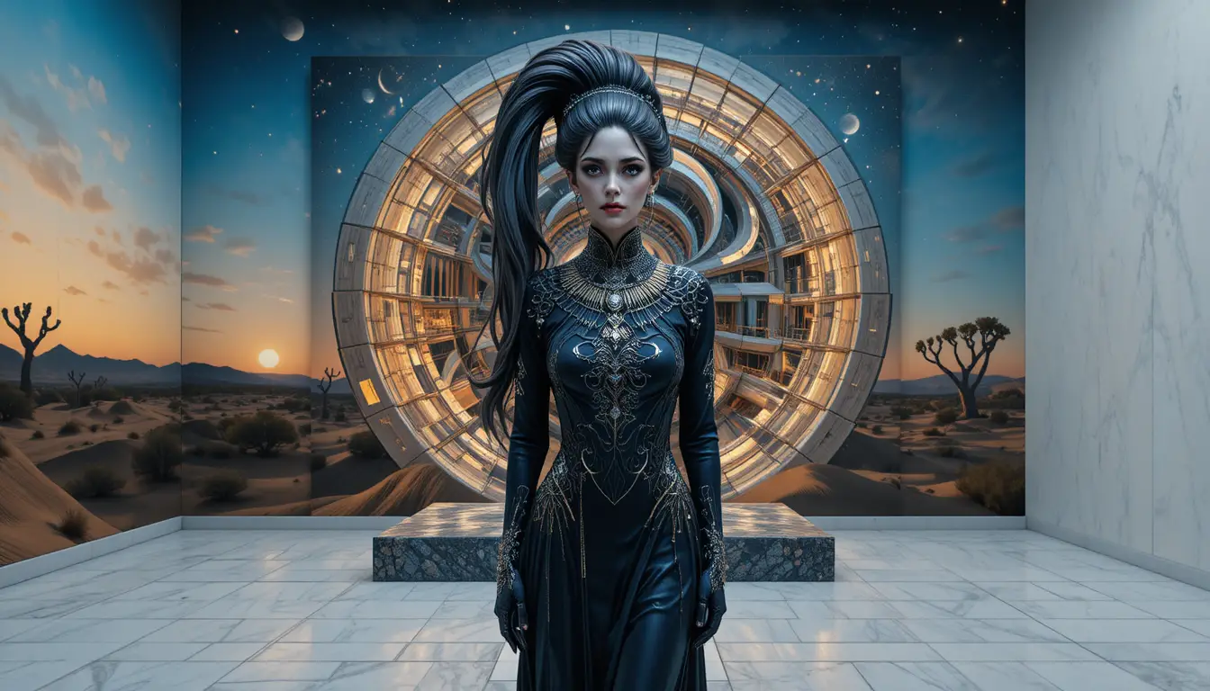 Edificio a spirale futuristico che brilla in un tramonto nel deserto