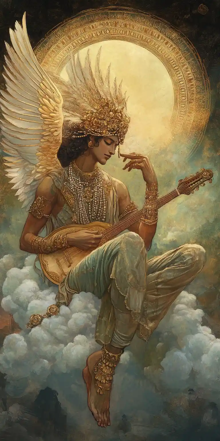 Majestic winged harpy playing lute on glowing cloud