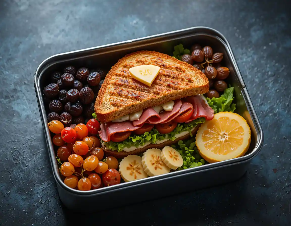 Colorful metal bento box with sandwich and fresh fruit
