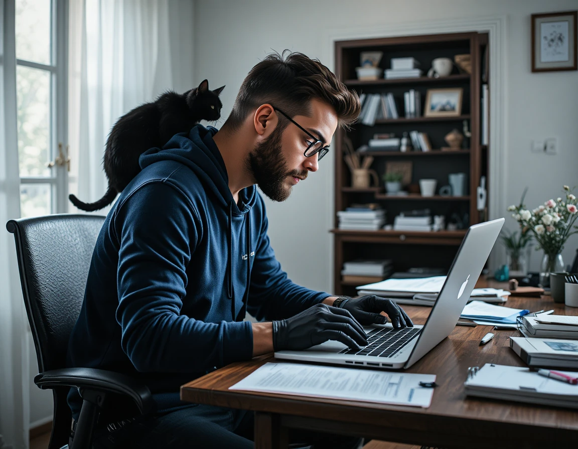 Homem concentrado trabalhando no laptop em um moderno home office