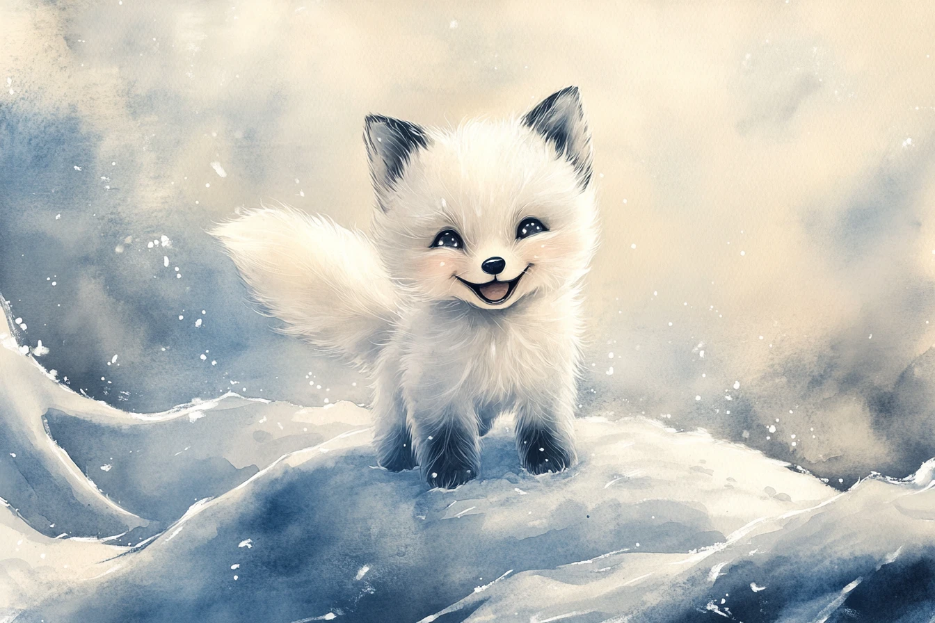 Cute baby arctic fox watercolor on snowy winter hill