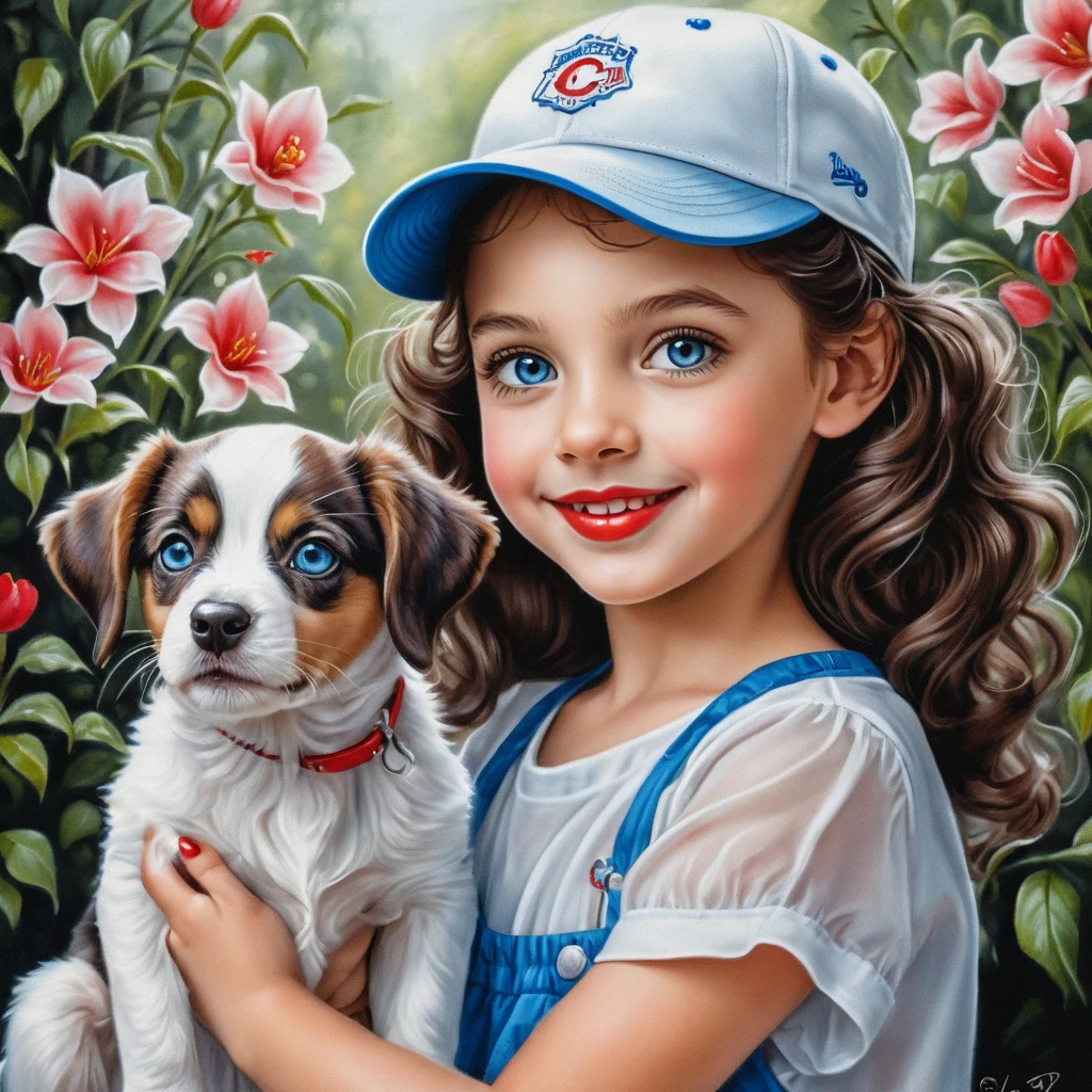 Smiling spring girl with puppy in shiny silver outfit