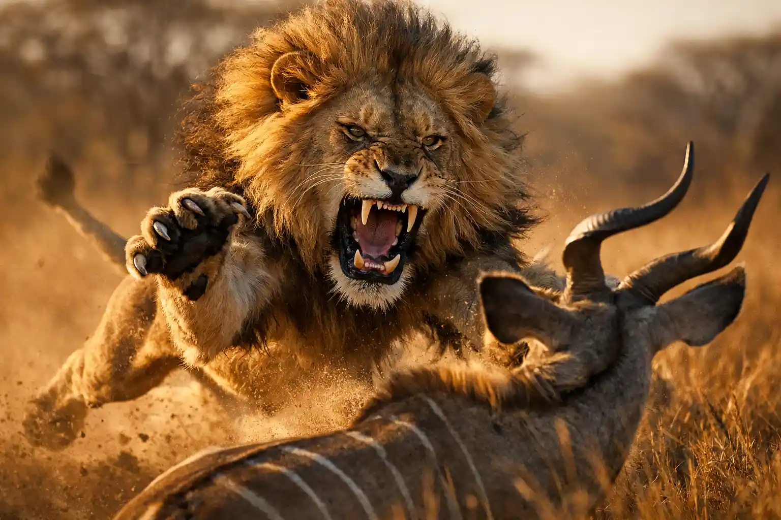 African lion leaping to attack kudu in golden savannah