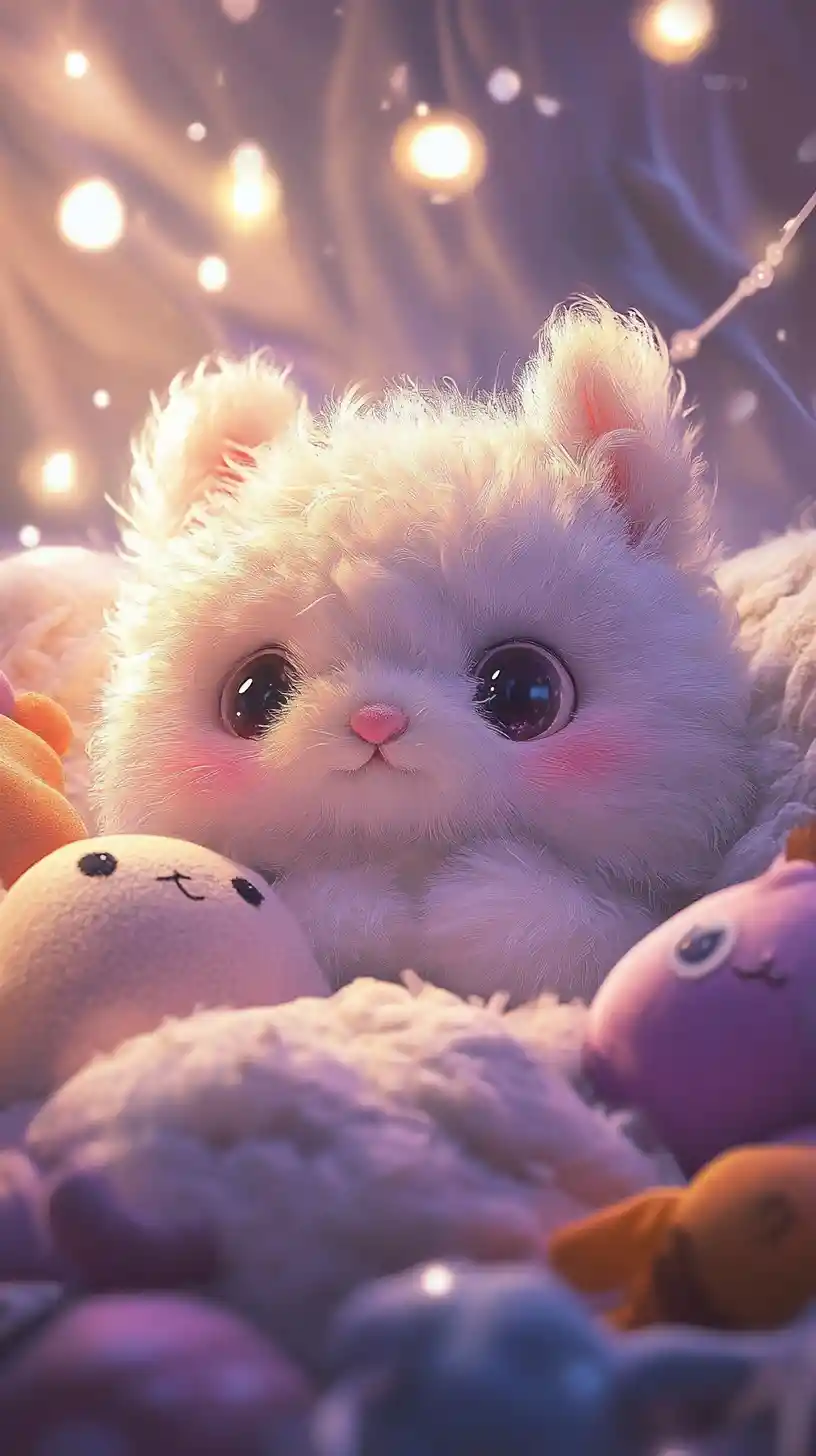 Adorable Fluffy Creature Cuddled Among Soft Plush Toys