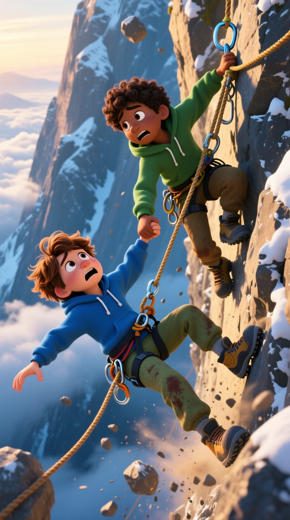 Two boys climbing a mountain cliff in a dramatic rescue