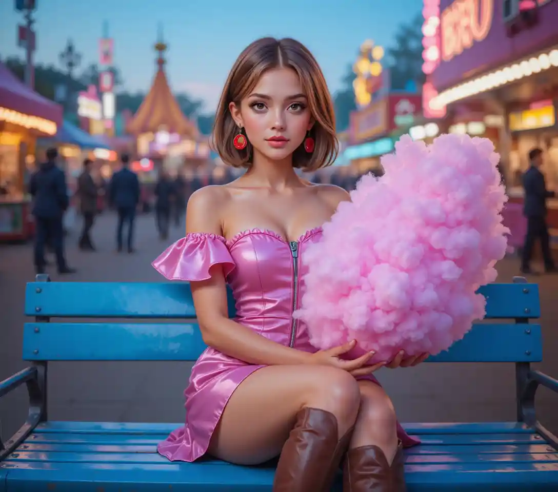 Young woman with cotton candy at a glowing carnival