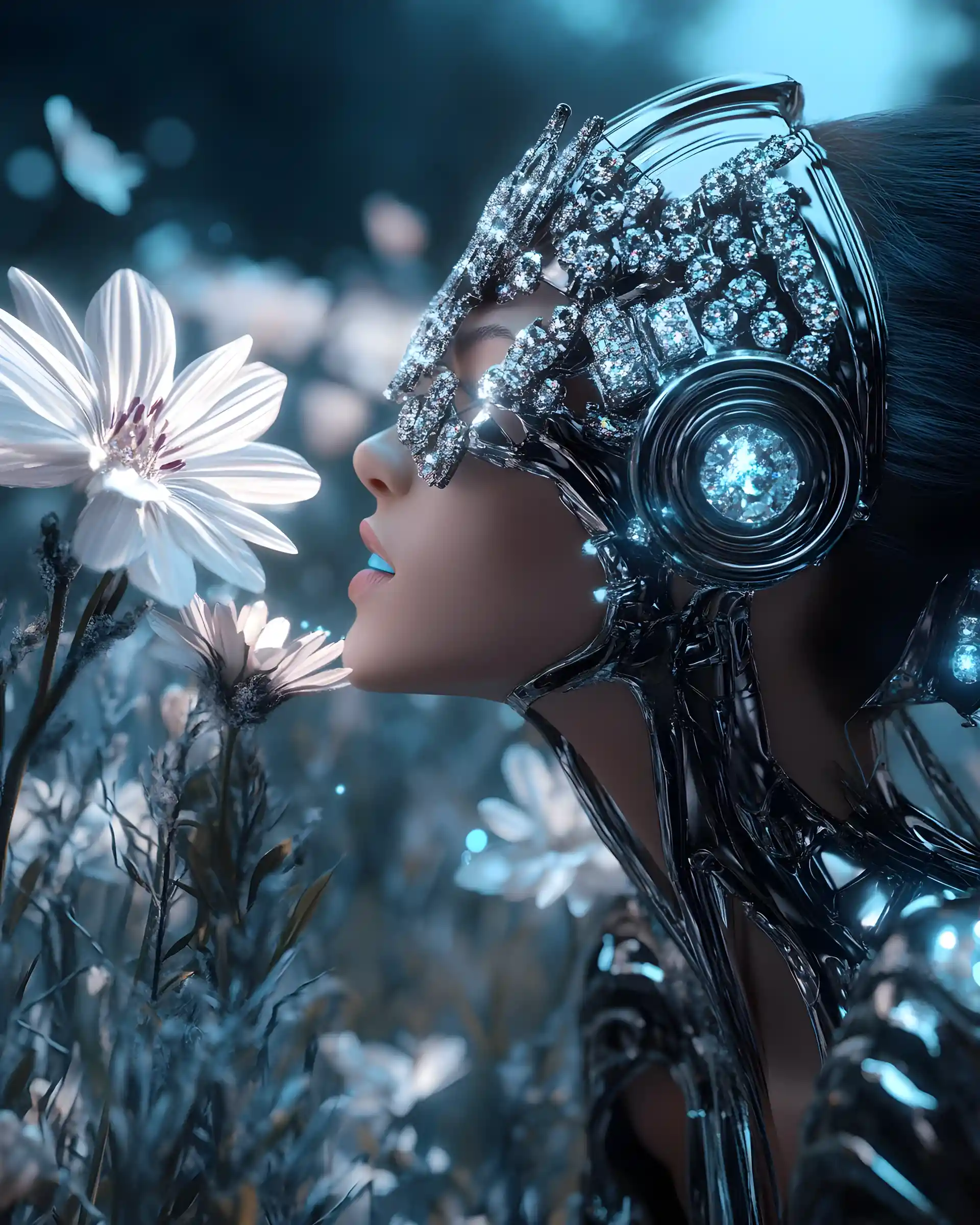 Cinematic sci fi woman with bionic headset in flower field
