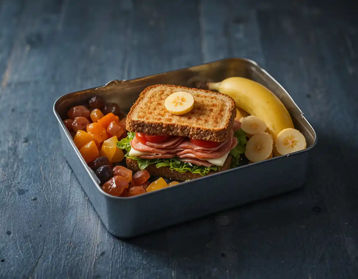 Bento box minimalista in metallo con pranzo sano e colorato