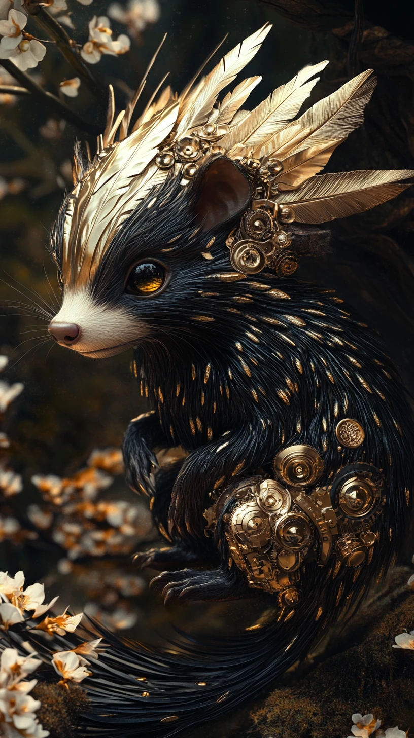Surreal skunk hybrid emerging within a mystical forest