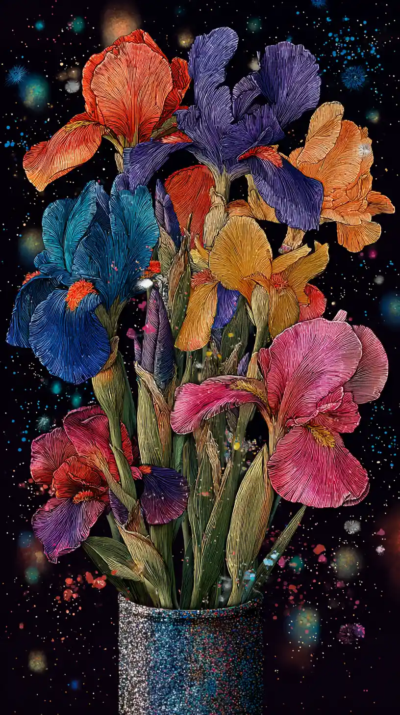 Colorful iris bouquet in a magical glittering fantasy vase