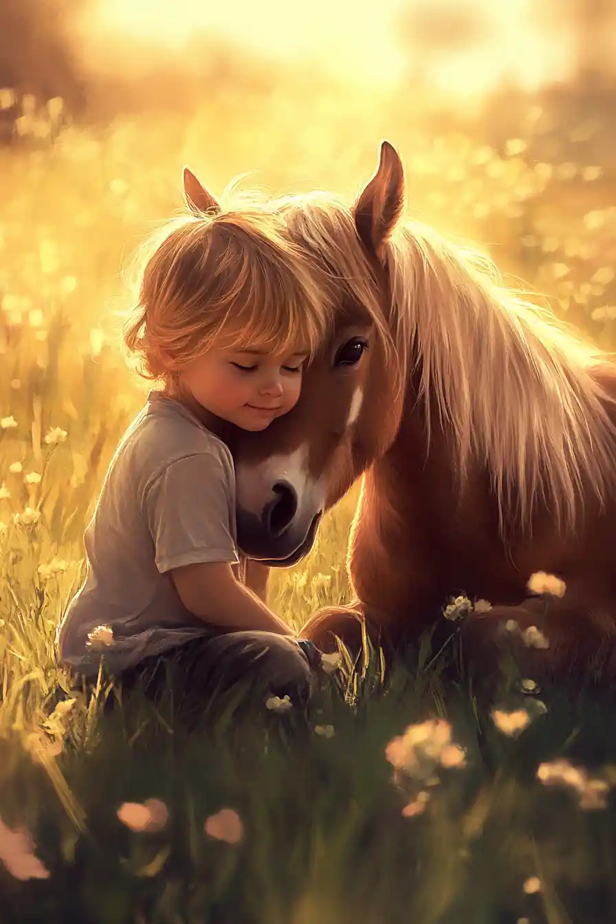 Child Resting Forehead Against Pony At Golden Hour