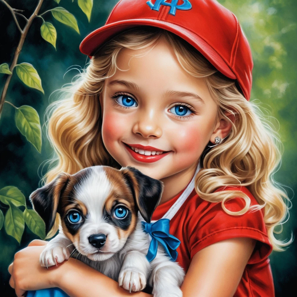 Smiling blonde girl with puppy in red spring outfit