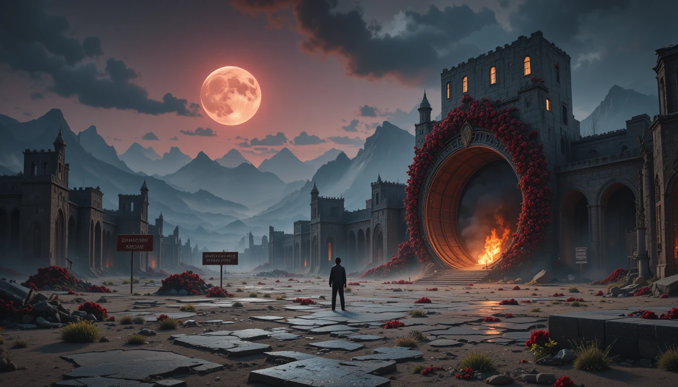 Portale oscuro in un deserto arido sotto una luna rosso sangue