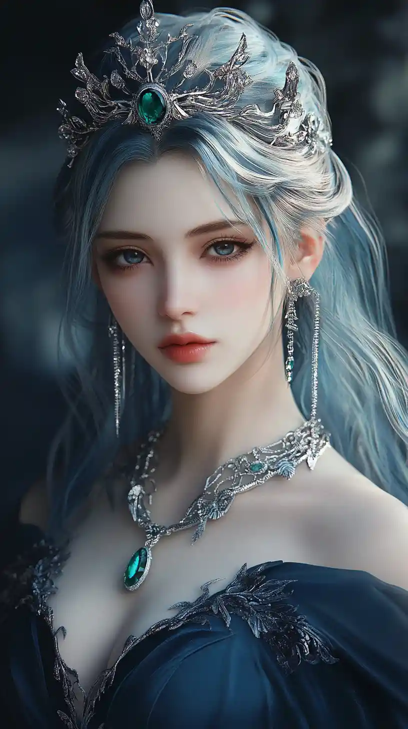 Ethereal moonlit queen with silver crown and serpent brooch